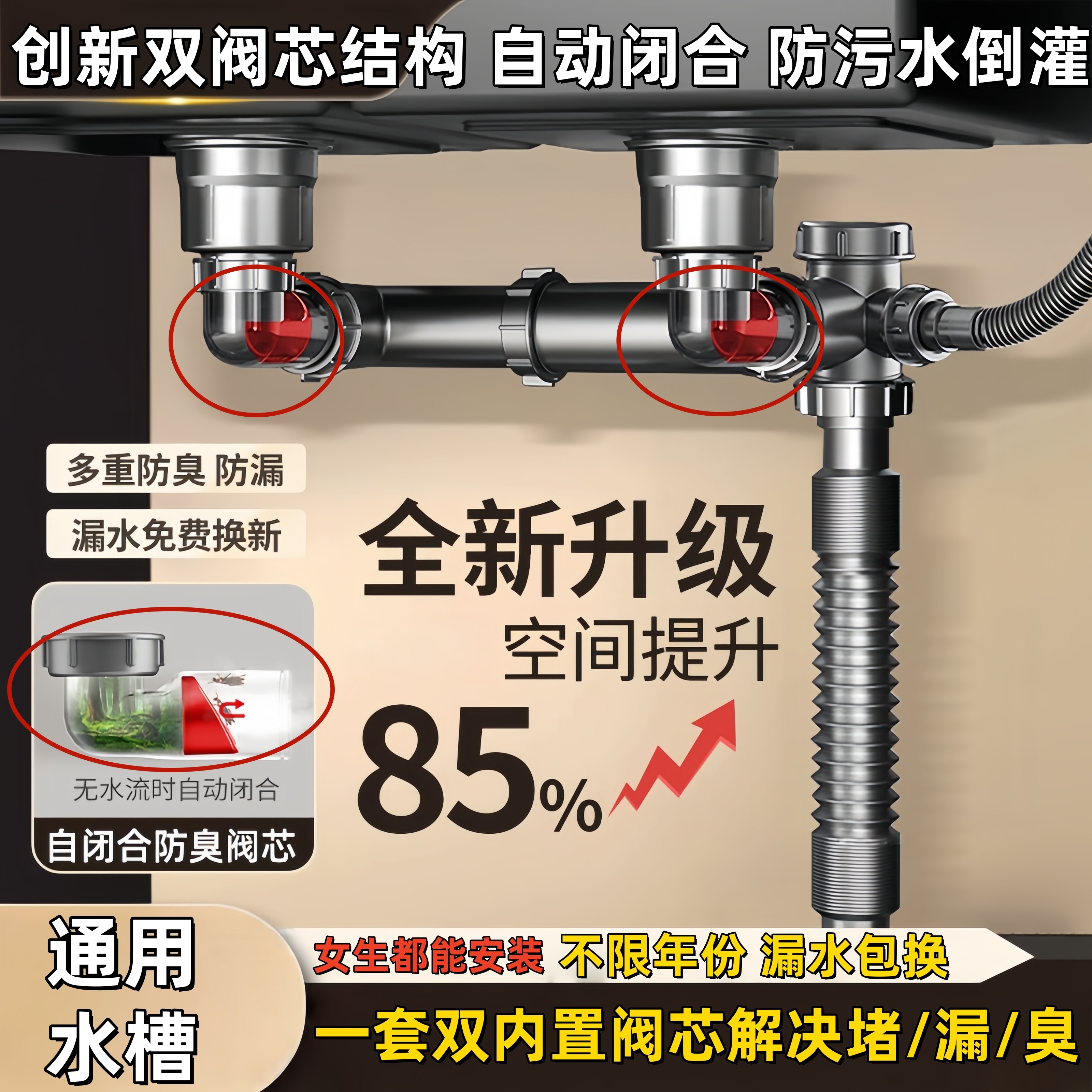 新款双阀芯厨房洗菜盆防臭下水双槽接净水器三通洗菜池排水管套装,家装主材,水槽下水器,淘宝优惠券,粉丝福利购,淘宝优惠卷