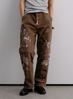 Brokenonyx 做旧手绘刷漆伐木裤美式双膝破洞画家裤宽松直筒裤男