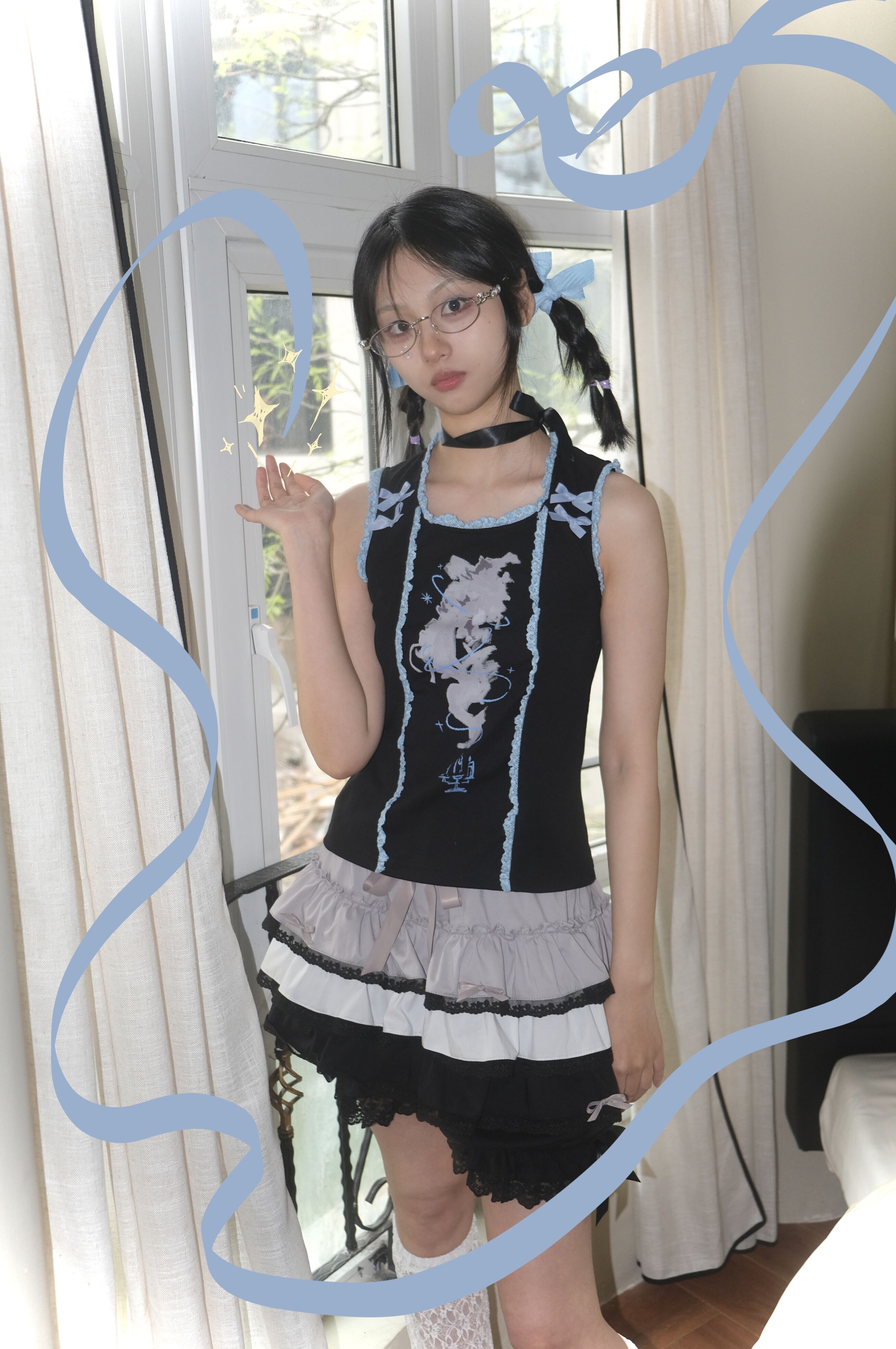 蜗牛骸蕾丝吊带蝴蝶结背心印花