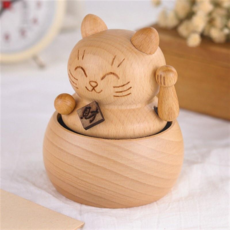新品招财猫木质音乐盒天空之城发条手工d八音盒送女生闺蜜创意生