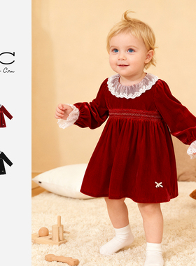 Ryleecru童装女童秋冬连衣裙新年红花边领丝绒裙RC裙装商场同款