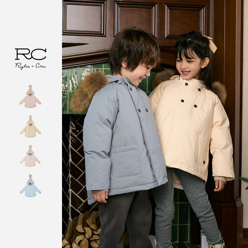 RyleeCru官方正品男女童精灵帽羽绒服RC童装羽绒服保暖毛领新年红