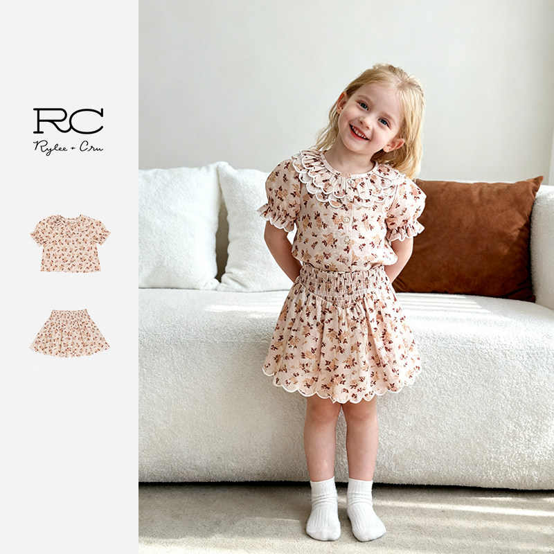 Ryleecru商场同款女童春夏新款小飞袖小衫上衣衬衫印花半裙