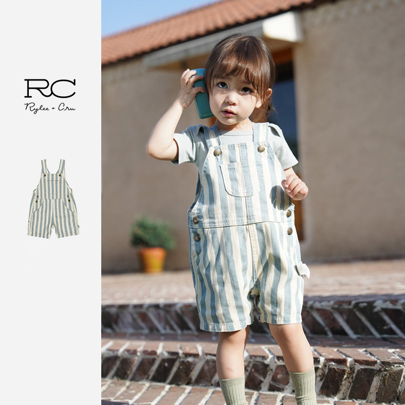 RyleeCru儿童条纹背带裤洋气蓝白条纹海洋风男女童背带裤