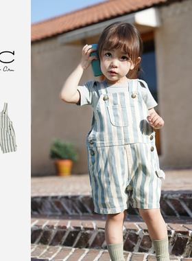 RyleeCru儿童条纹背带裤洋气蓝白条纹海洋风男女童背带裤