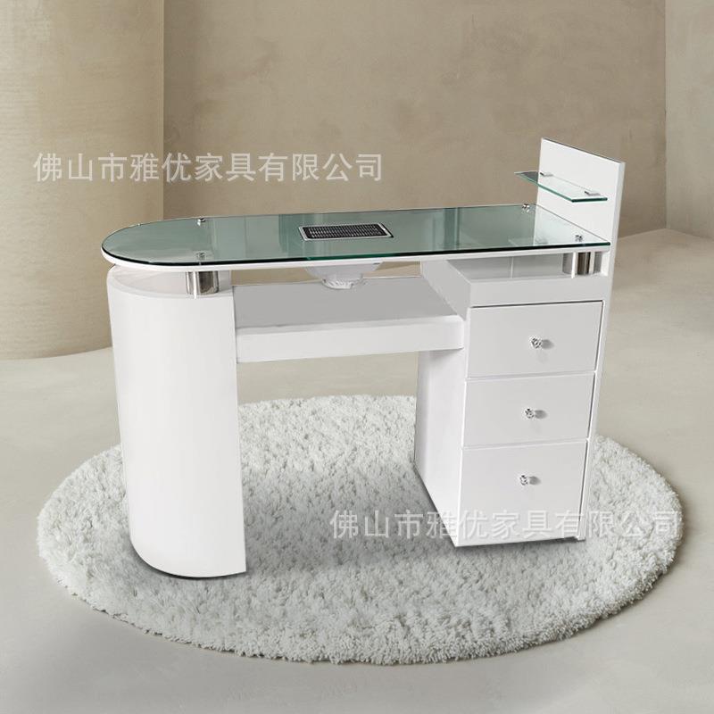 日式美甲桌吸尘器单人指甲桌修甲台网红白色烤漆美甲台玻璃台面