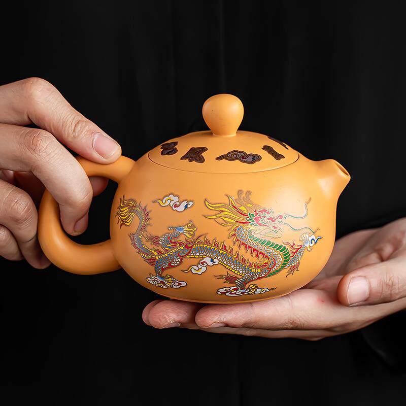 预热变色紫砂四方貔貅石瓢壶龙凤呈祥功夫泡茶壶黄段泥家用小套组