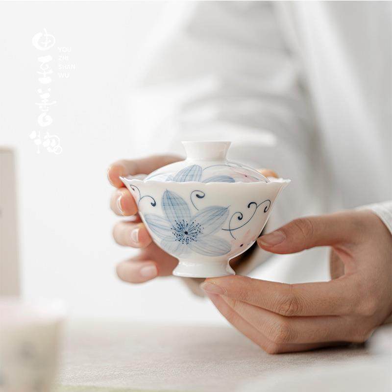 由至白瓷玉泥纯手绘花悠花边口二才盖碗薄胎不烫手茶具泡茶碗,电子元器件市场,其它元器件,淘宝优惠券,粉丝福利购,淘宝优惠卷