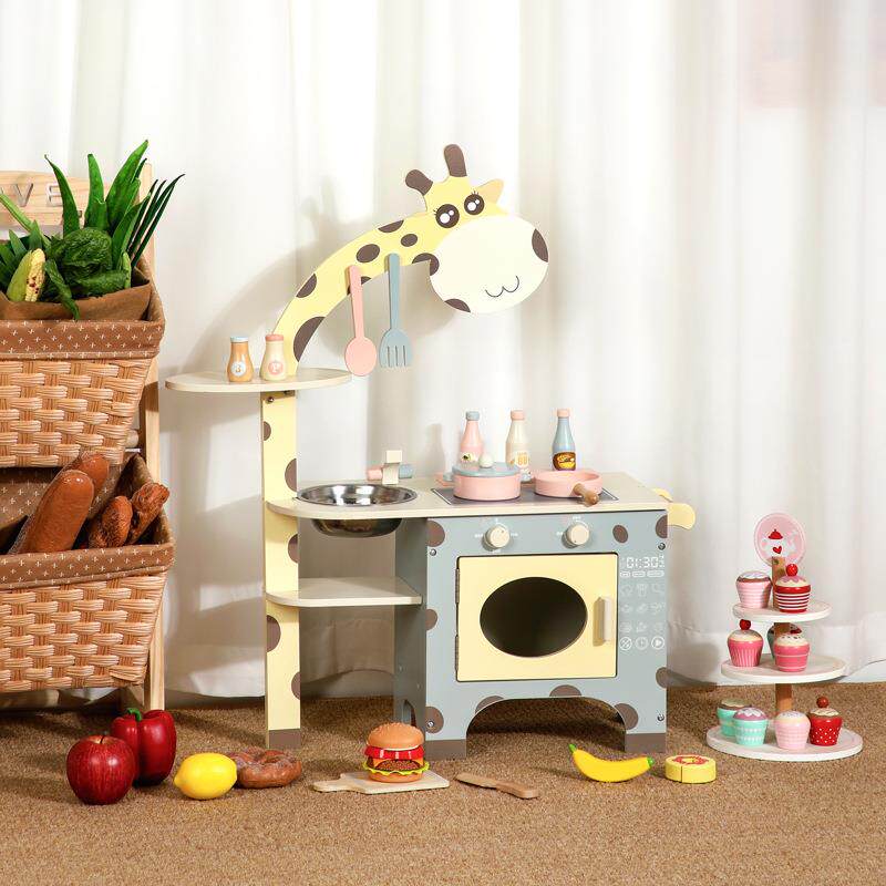 木制长颈鹿灶台厨房玩具婴幼儿童过家家木头仿真木质餐厨具套装