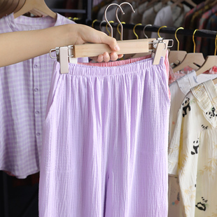 日系纯棉纱布睡裤女长裤春秋夏季纯色外穿居家裤全棉睡衣裤家居裤