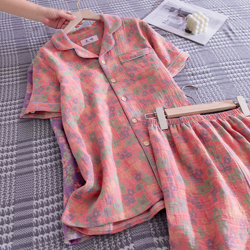 纯棉色织双层短袖家居服女套装