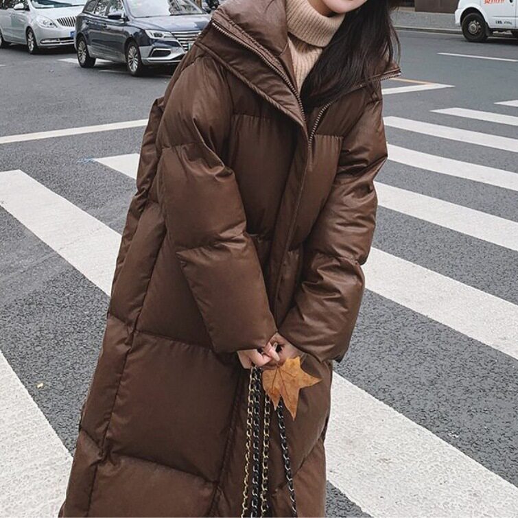 咖色免洗PU棉服女中长款秋冬季新款流行炸街加厚立领棉服外套