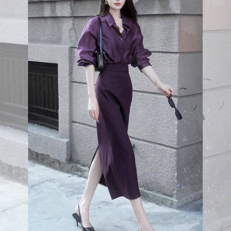 春装搭配一整套干练气质职业女装紫色衬衫半身裙盐系轻熟两件套装,女装/女士精品,休闲运动套装,淘宝优惠券,粉丝福利购,淘宝优惠卷