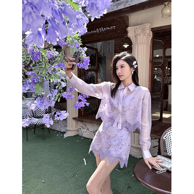 重工浅紫色拼接蕾丝镂空衬衫女春夏新款衬衣半身裙两件套