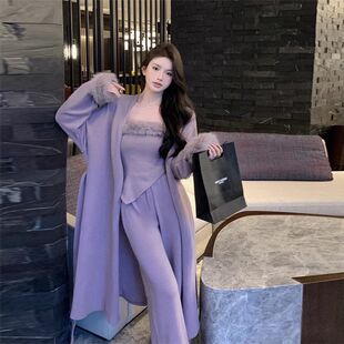 高级感紫色毛毛拼接毛衣外套不规则抹胸女春秋休闲长裤子三件套装