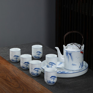 景德镇手绘青花瓷功夫茶具套组大号陶瓷提梁壶茶杯茶盘整套礼盒装