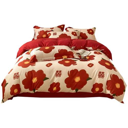 网红花婚庆床上用品四件套结婚喜被大红色新婚被罩婚嫁妆被套床单
