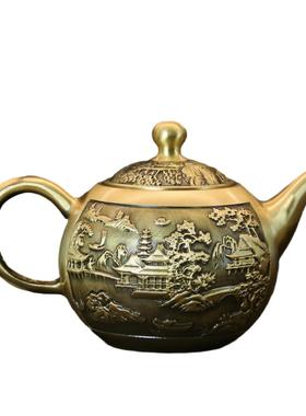 黄铜仿古拉丝钱壶茶壶龙凤壶工艺品办公室家居装饰创意摆件
