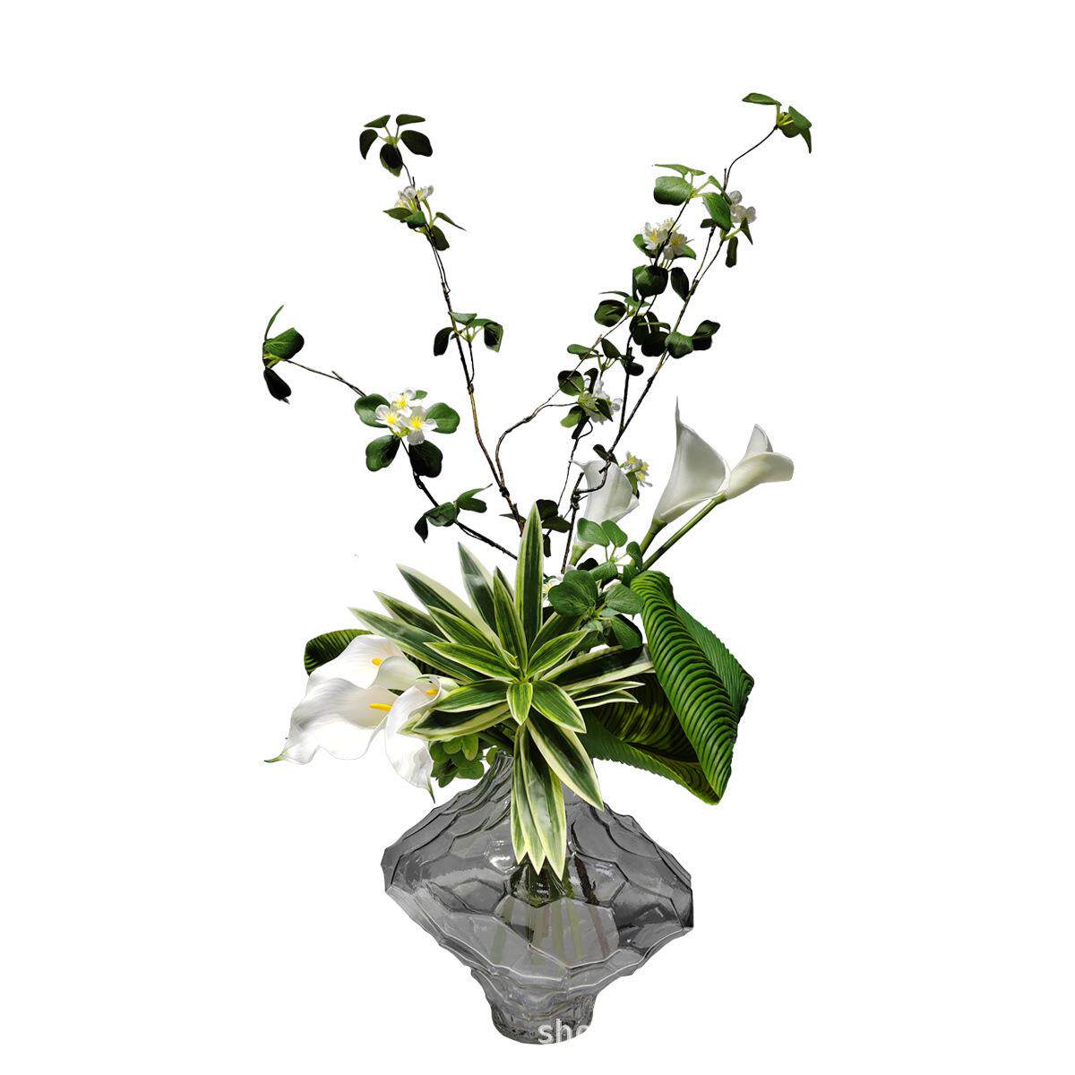 现代轻奢仿真花艺马蹄莲插花玻璃装饰绿植整体客厅酒店工艺品摆件