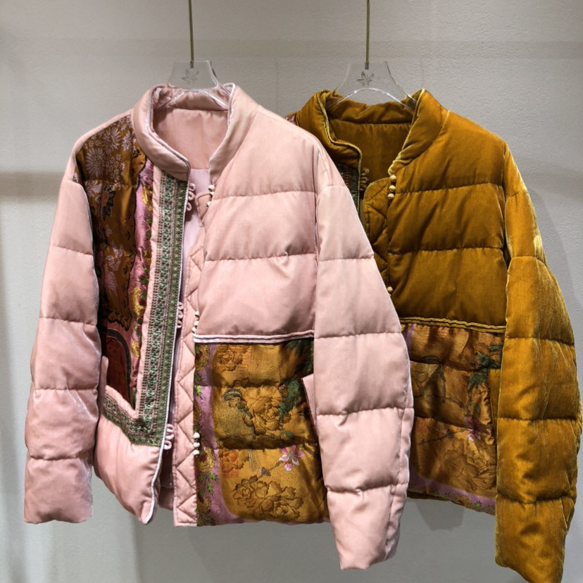 馨菲新中式拼接印花立领短款保暖羽绒服外套8052x