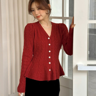 馨菲家新年红色氛围感法式V领高级感亮闪闪时尚百搭保暖毛衣3296