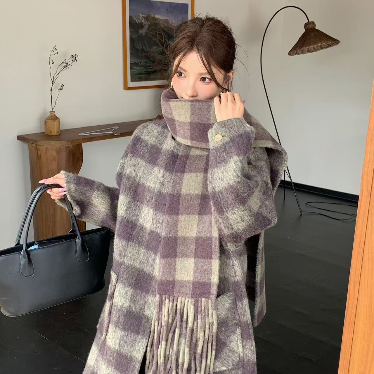 馨菲法式复古格纹圆领宽松长款羊毛外套(配围巾)（含5羊驼毛）11,女装/女士精品,羽绒服,淘宝优惠券,粉丝福利购,淘宝优惠卷