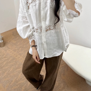 馨菲设计夏上新设计感镂空蕾丝绣花拼接长袖 J820 小衫