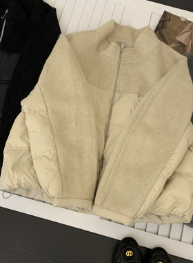 馨羊毛拼接90白鸭全毛韩系休闲慵懒风羊毛外套羽绒服06915