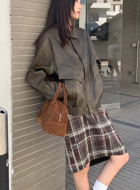 馨菲小众蜡皮肌理感帅气皮衣女短款小个子潮皮衣00097120