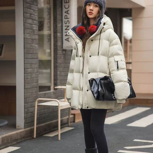 馨菲冬上新巨好看泡芙拼色设计感中长款连帽保暖羽绒服外套6668