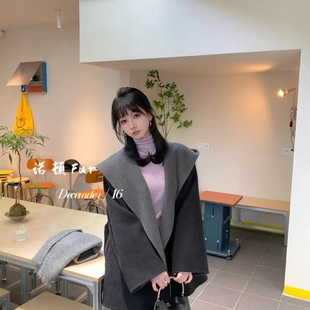 含100澳毛 MLQ1688 配腰带 馨菲系气质撞色连帽双面羊毛外套