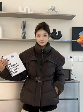 馨菲新大翻领收腰显瘦气质保暖羽绒服外套(配腰带)25792