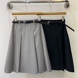 D19 配腰带 馨菲26年春款 高腰A字纯色半身裙