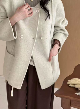 馨菲韩版宽松舒适简约毛呢双排扣羊毛外套（含100羊毛）YS2-21716
