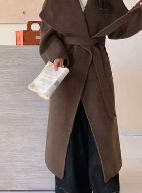 馨菲赫本风气质收腰长款羊毛外套(配腰带)（含70羊毛）40022