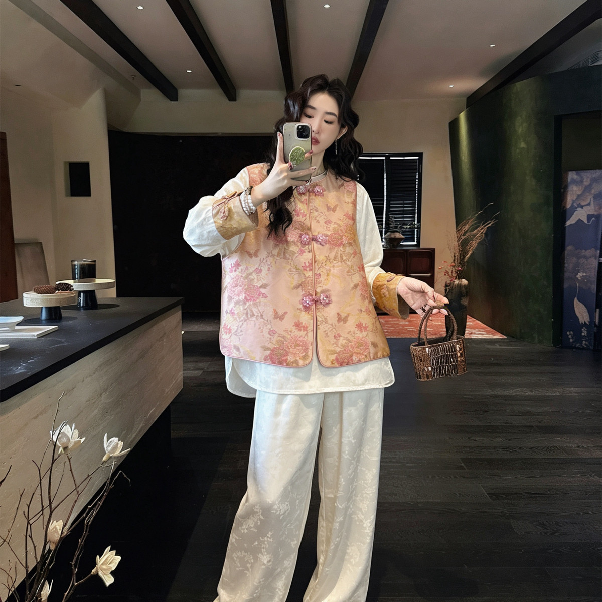 馨菲新国风新中式别致马甲+舒适衬衫套装（含92真丝）CJSY014118