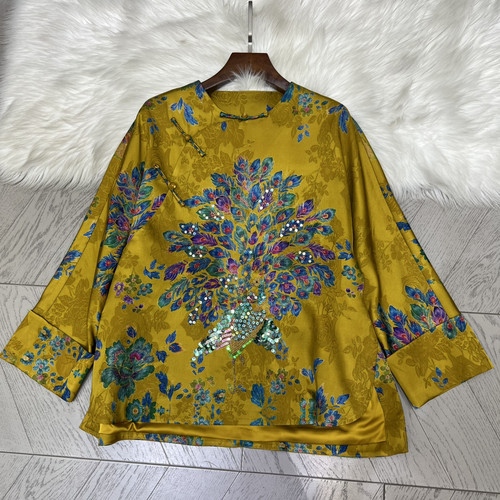 早秋上新重工纯手工法绣人丝香云纱外套明艳孔雀纹样铺展东Y21860