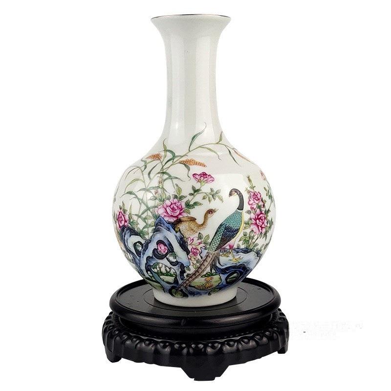 景德镇陶瓷花瓶粉彩花鸟锦鸡瓷摆件中式摆件橱柜摆件可制定