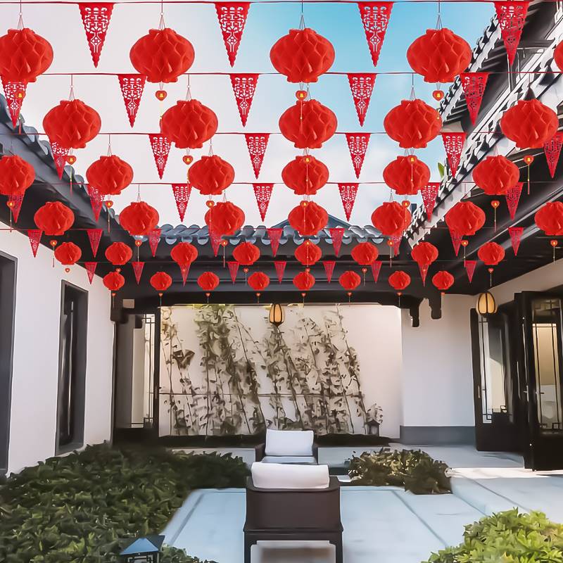 结婚外景布置院子里的装饰拉花室外喜字小灯笼婚庆婚礼别墅自建房