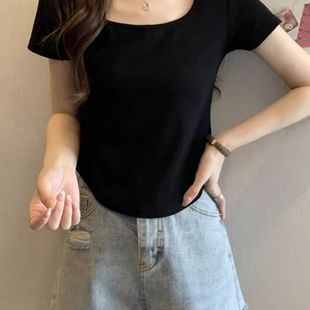设计感修身 2025夏新款 方领正肩短袖 上衣 T恤女