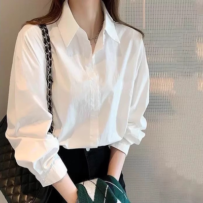 【棉感白色衬衫】女2025女秋新款上衣休闲打底长袖内搭叠穿衬衣