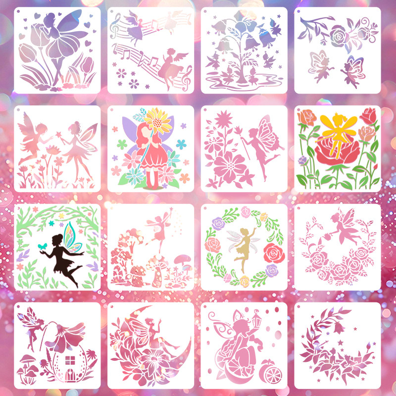 16张精灵绘画模板PET材质DIY墙绘 花仙子装饰 仙女喷花镂空画板