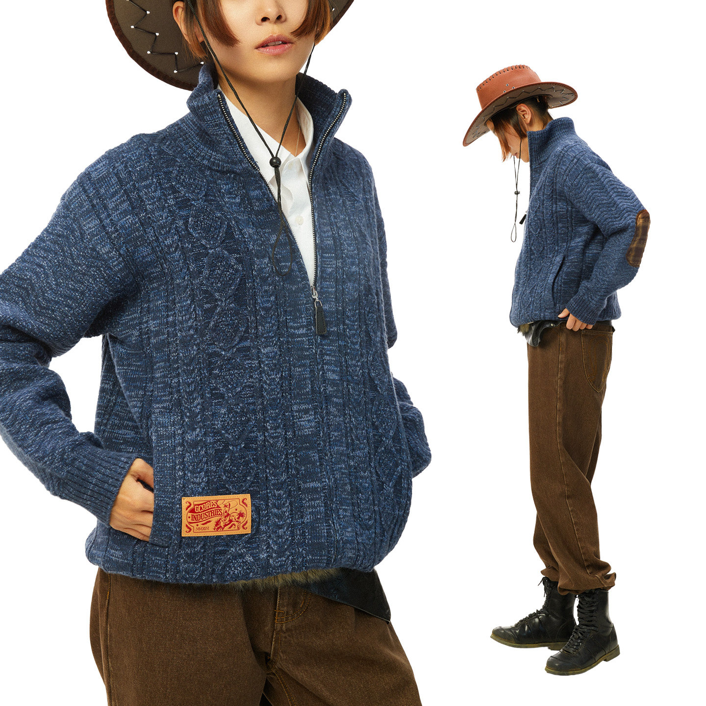 吉考斯工业套马纳福爱尔兰麻花立领保暖拉链开衫毛衣提花针织外套