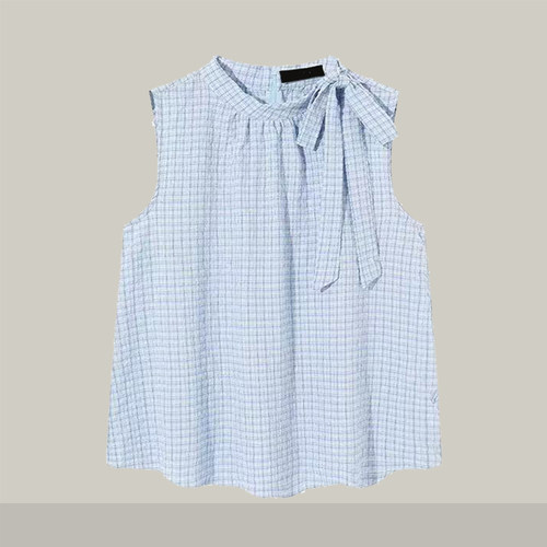 专柜品质蓝色格子系带蝴蝶结无袖衬衫背心女夏小个子外穿小衫上衣