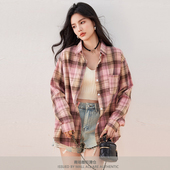 衬衫 粉色格子长袖 上衣女衬衫 专柜开春新款 防晒开衫 宽松慵懒风衬衣