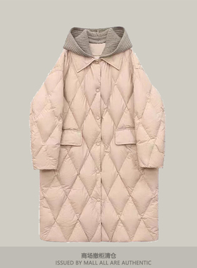 撤柜韩版针织帽羽绒棉服女中长款冬宽松连帽菱形格过膝羽绒棉外套