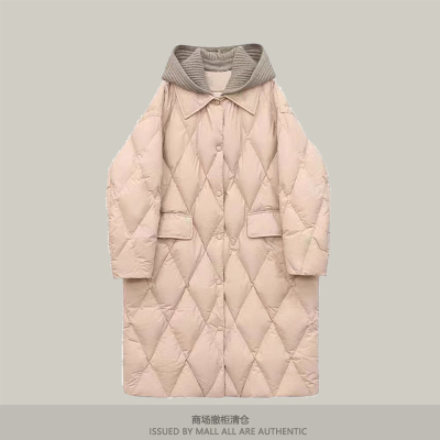 撤柜韩版针织帽羽绒棉服女中长款冬宽松连帽菱形格过膝羽绒棉外套