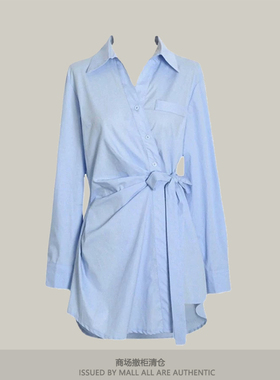 2024新款专柜新款设计感收腰褶皱打底绑带蓝色衬衫连衣裙上衣女