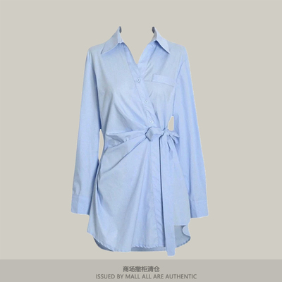 2024新款专柜新款设计感收腰褶皱打底绑带蓝色衬衫连衣裙上衣女