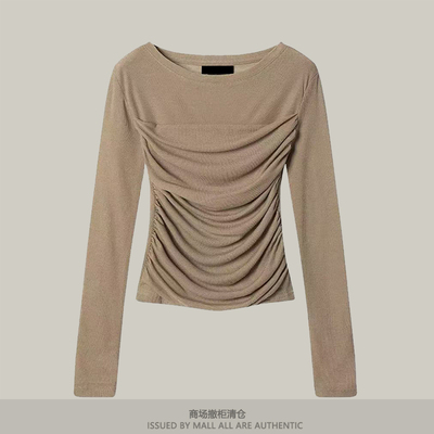 撤柜新款网纱长袖t恤女早秋开春设计小众褶皱修身打底衫短款上衣